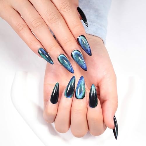 Stiletto Press on Nails – Deep Space Blue Long Fake Nails – Velvet Effect