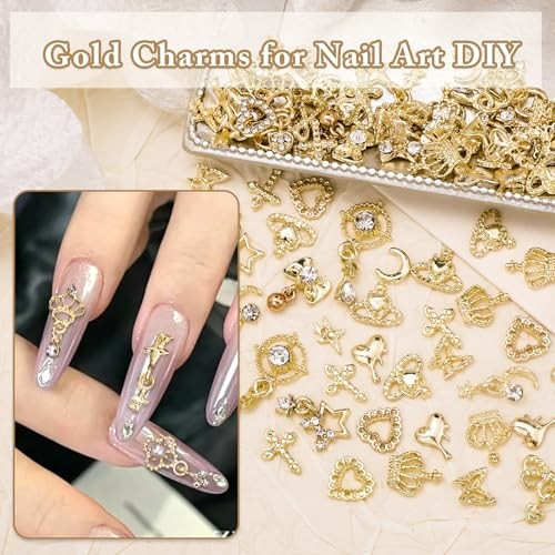 100 Pcs Gold Nail Charms and Gems, Gold Dangle Star Bows Nail Gems Gold-Set 2
