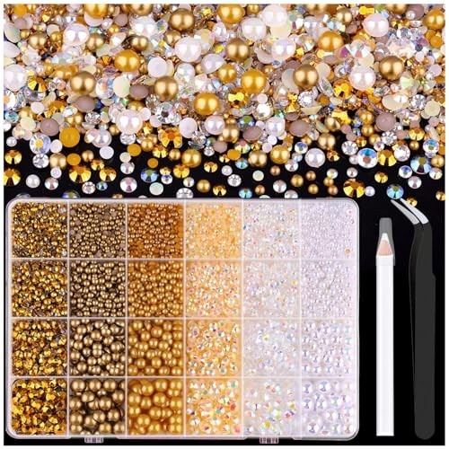 14000PCS Flatback Pearls and Gold Rhinestones for Bedazzling Kit | White Brown
