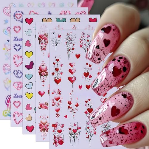 5Pcs Valentine’s Day Nail Art Stickers Rose Heart Flower Nail Stickers 3D Self