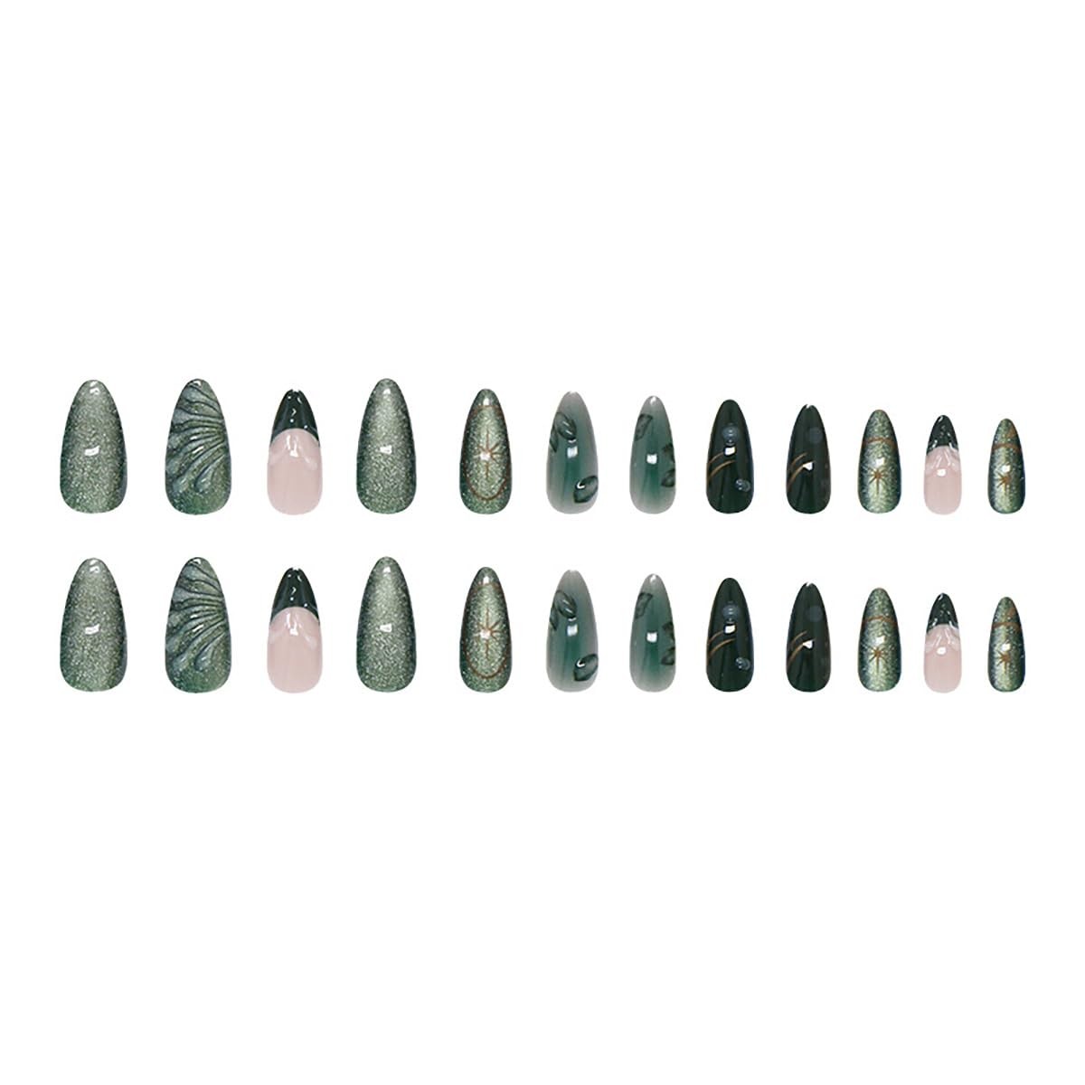 24Pcs Dark Green Press on Nails Medium Almond Fake Silver Star