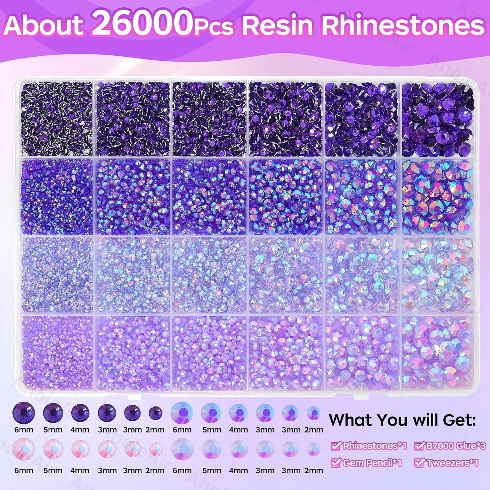 Purple Resin Flatback Rhinestones Kit, 26000PCS 2-6mm Gems for Crafting, DIY