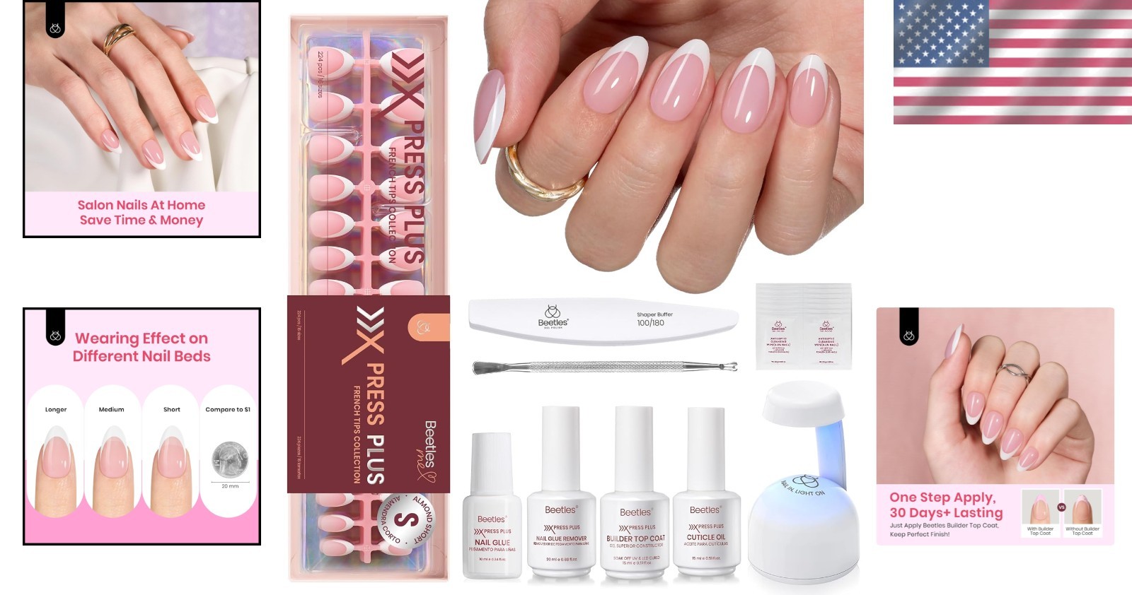 Beetles All-in-One Gel Nail Kit: 224 French Almond Press On Nails & Mini Lamp