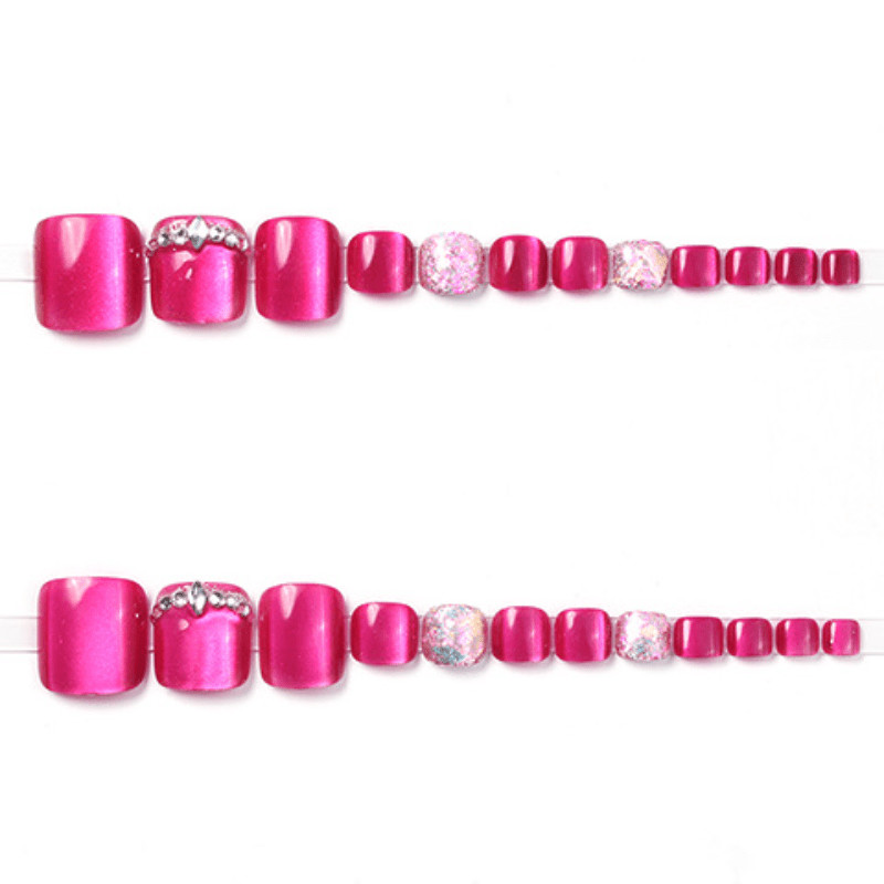 48pcs Short Square Toe Press on Nails, Fuchsia Clear Rhinestone Gloss Foot Nails