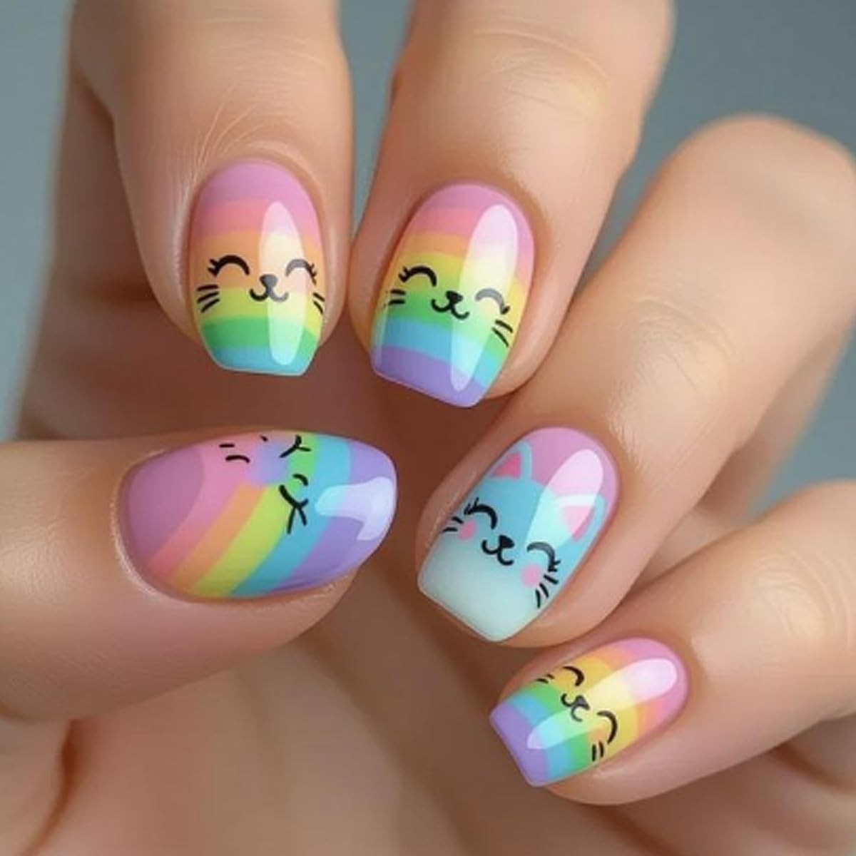 Short Square Press on Nails Rainbow Striped Fake Nails Summer French Tip Acry…