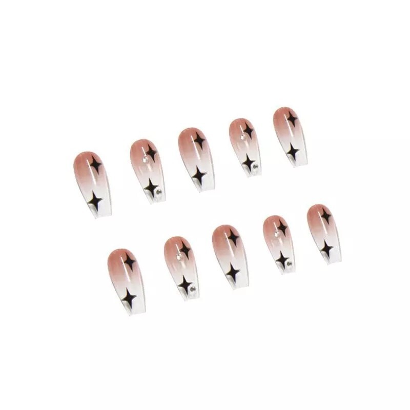 24 Jelly bling Press on nails with glue black stars Coffin ombre clear