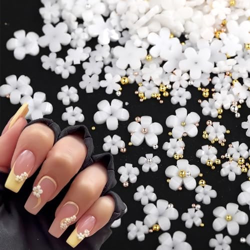 Nail Charms, 1000Pcs 3D Flower, White Acrylic, Metal, Pearl, Mix Sized, Spring