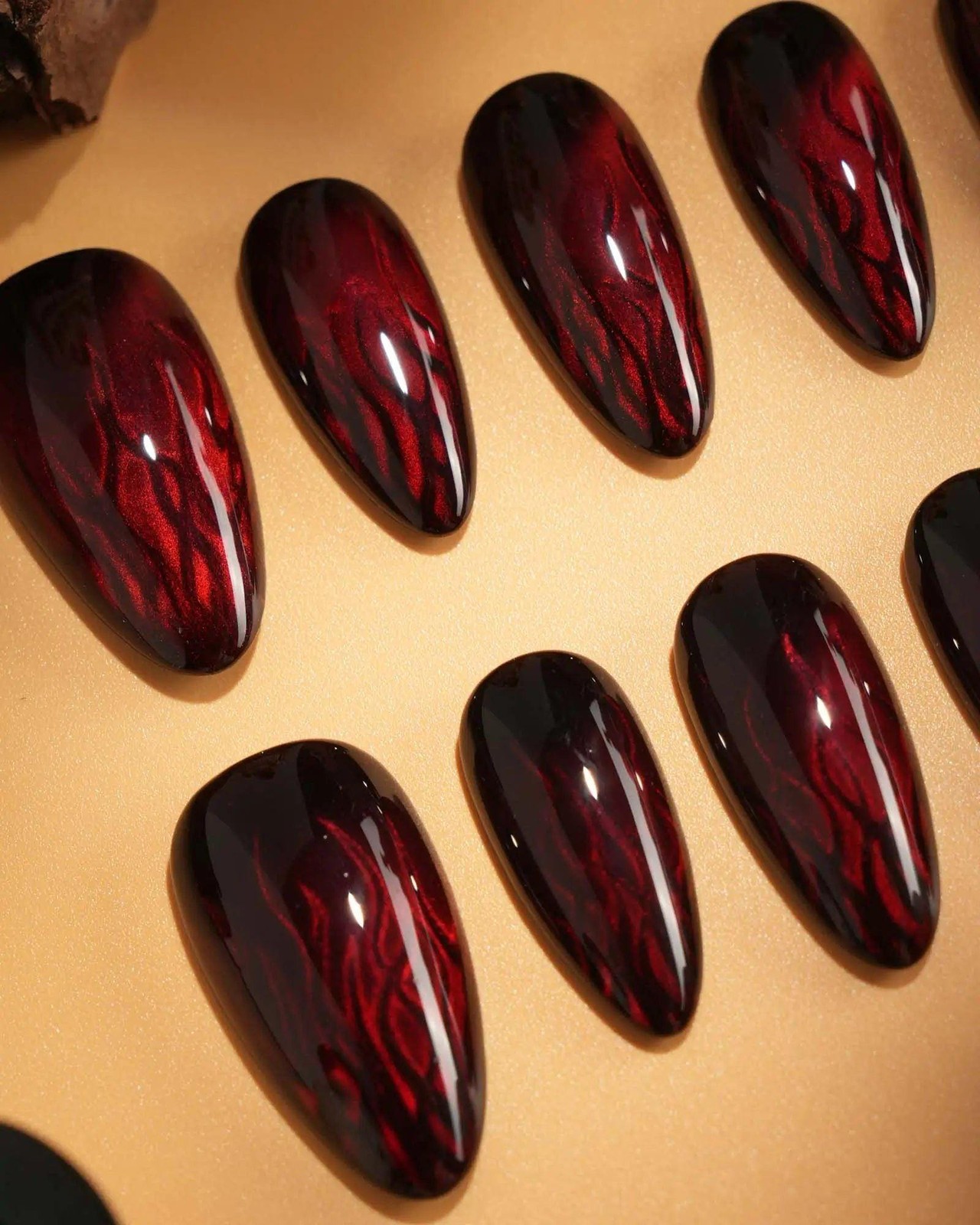 Custom Handmade Halloween Gothic Black Red Smoke Swirl Almond Press on Nails
