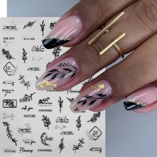 Black Gold Nail Art Stickers Decals Leaf Letter 3D Nail Decals for Nail style13