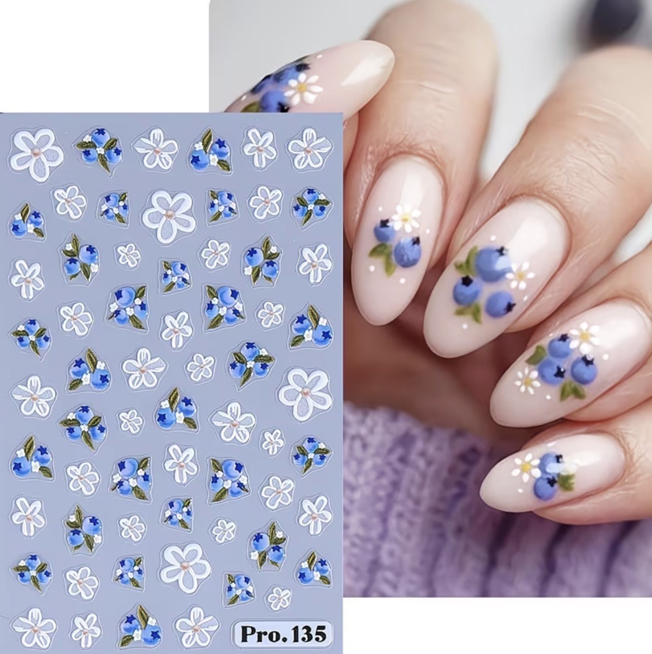 Nail Stickers 5D Embossed Blueberry White Flower Decals Spring Summer DIY Pro135