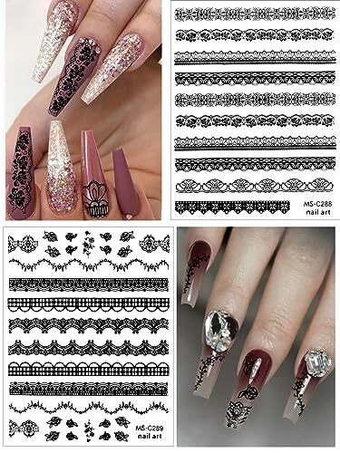 9 Sheets Lace Nail Art Stickers, Black Lace Flower Design 3D Self-Adhesive