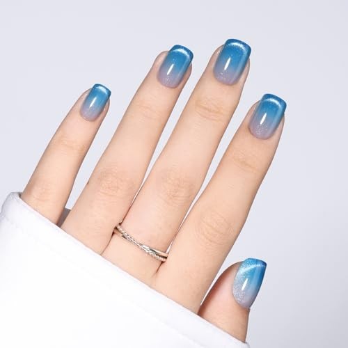 Blue Ombre Cat Eye Press On Nails – Short Square – Reusable – H4-Deep Sea Dusk