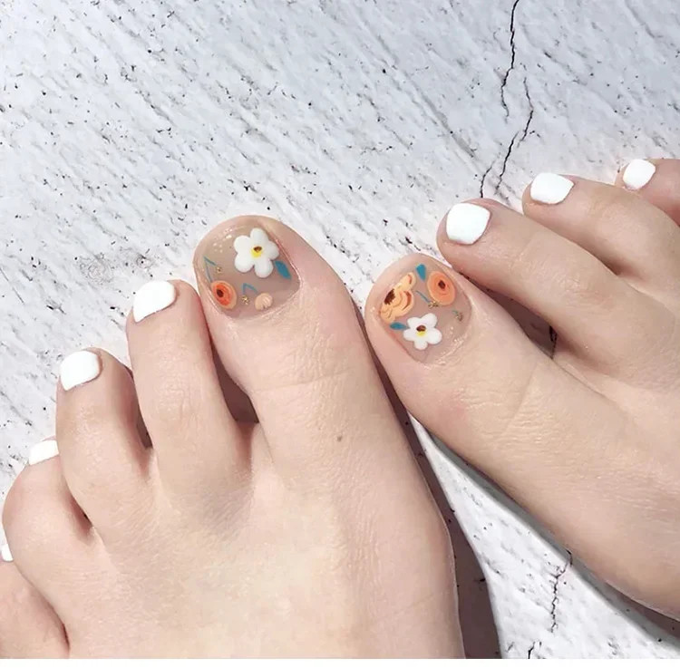 24pcs French Toe Nails:Glitter Diamond Short Press on Toenails