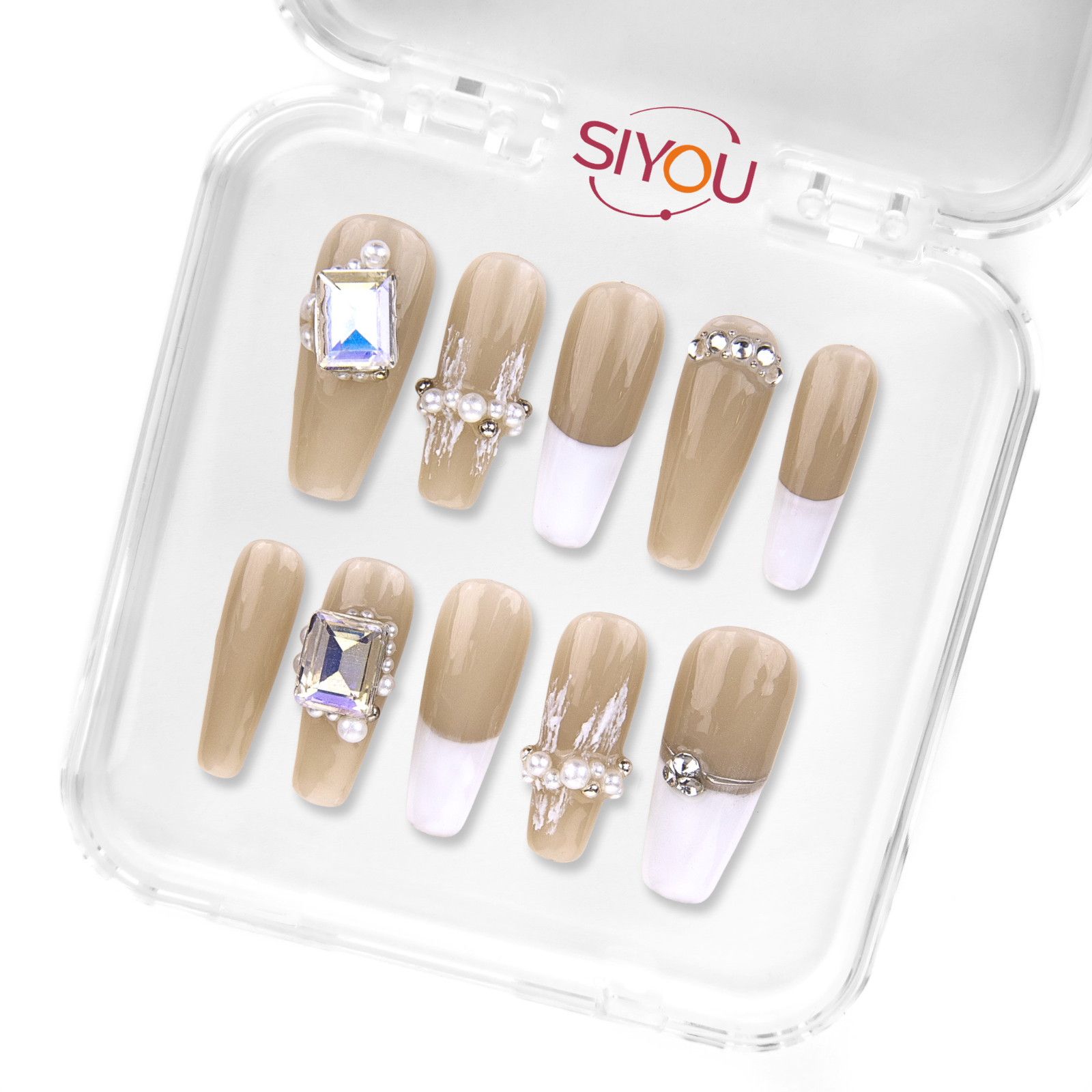 SIYOU | Crystal Coffin French | (Long Coffin) White Press-On Nails (10pc Kit)
