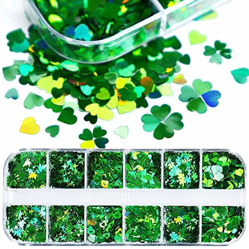 Nail Art Glitter Green Sequins 3D Holographic Laser Hearts Stars Leaves