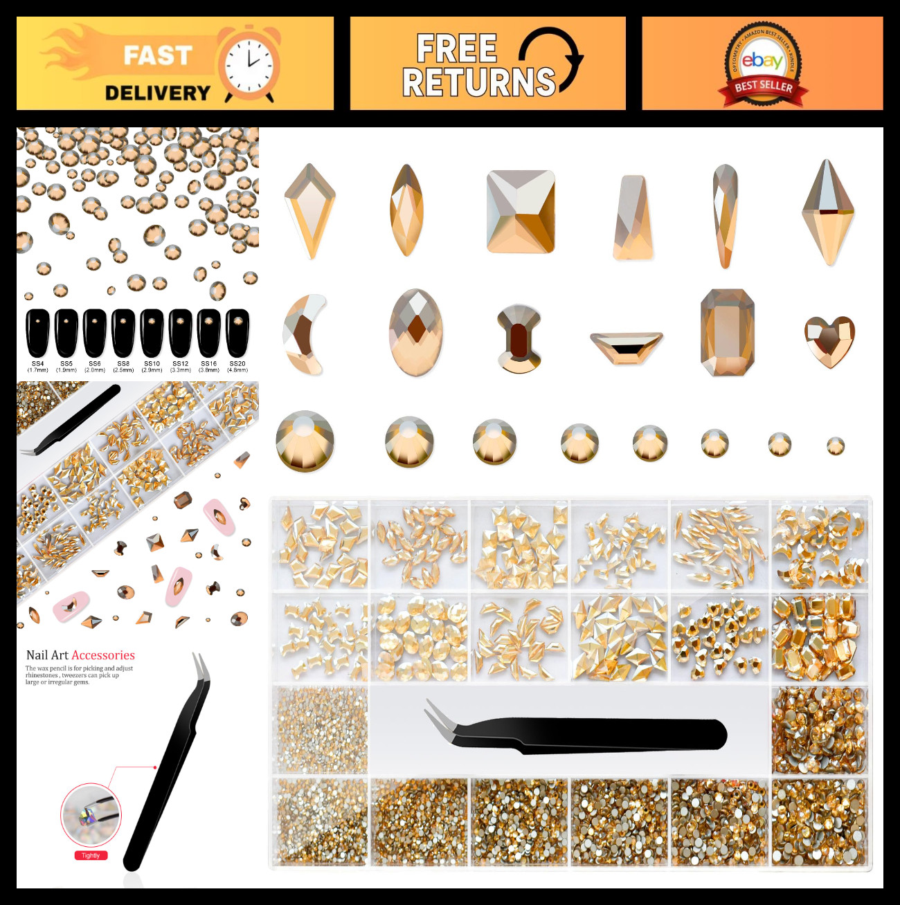 Champagne Gold Nail Rhinestones Set – Multi Shapes & Sizes, Flatback Charms, Twe
