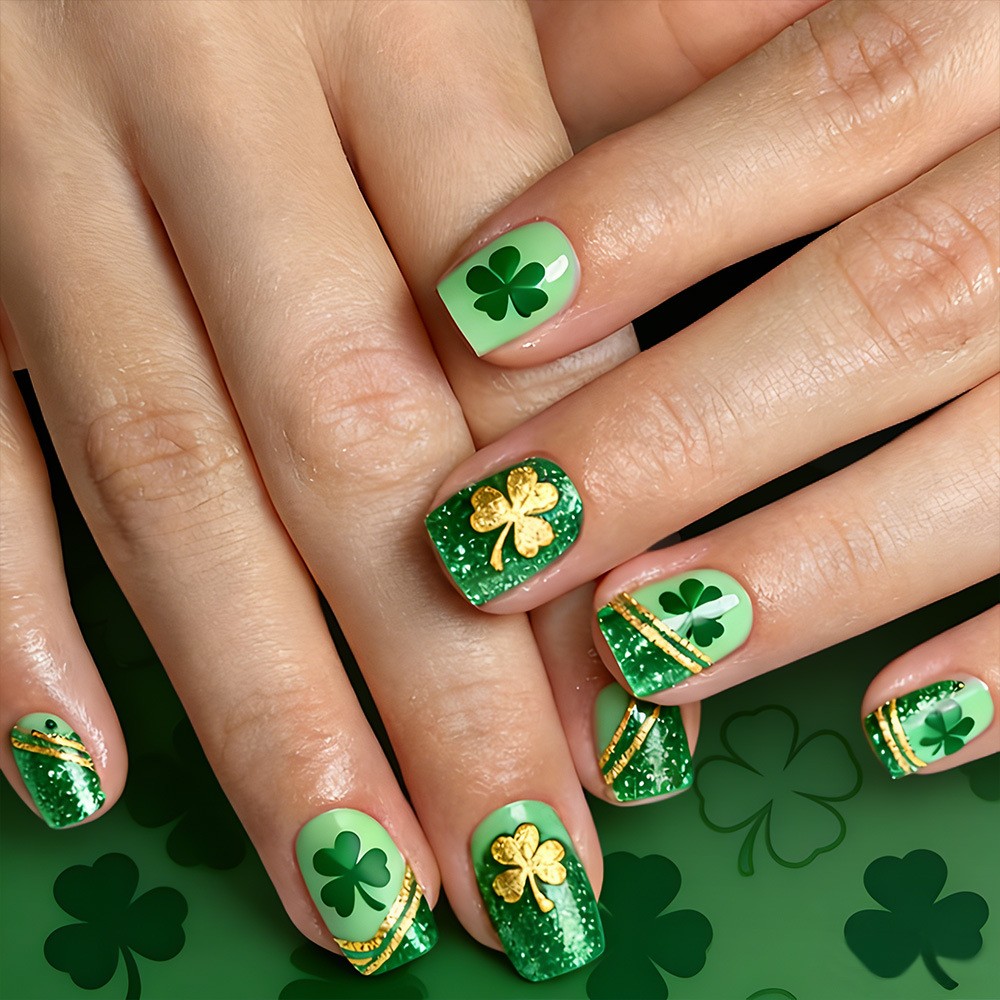 24pcs Green Clover French Press-On Nails. Detachable, Fresh & Festive for Women