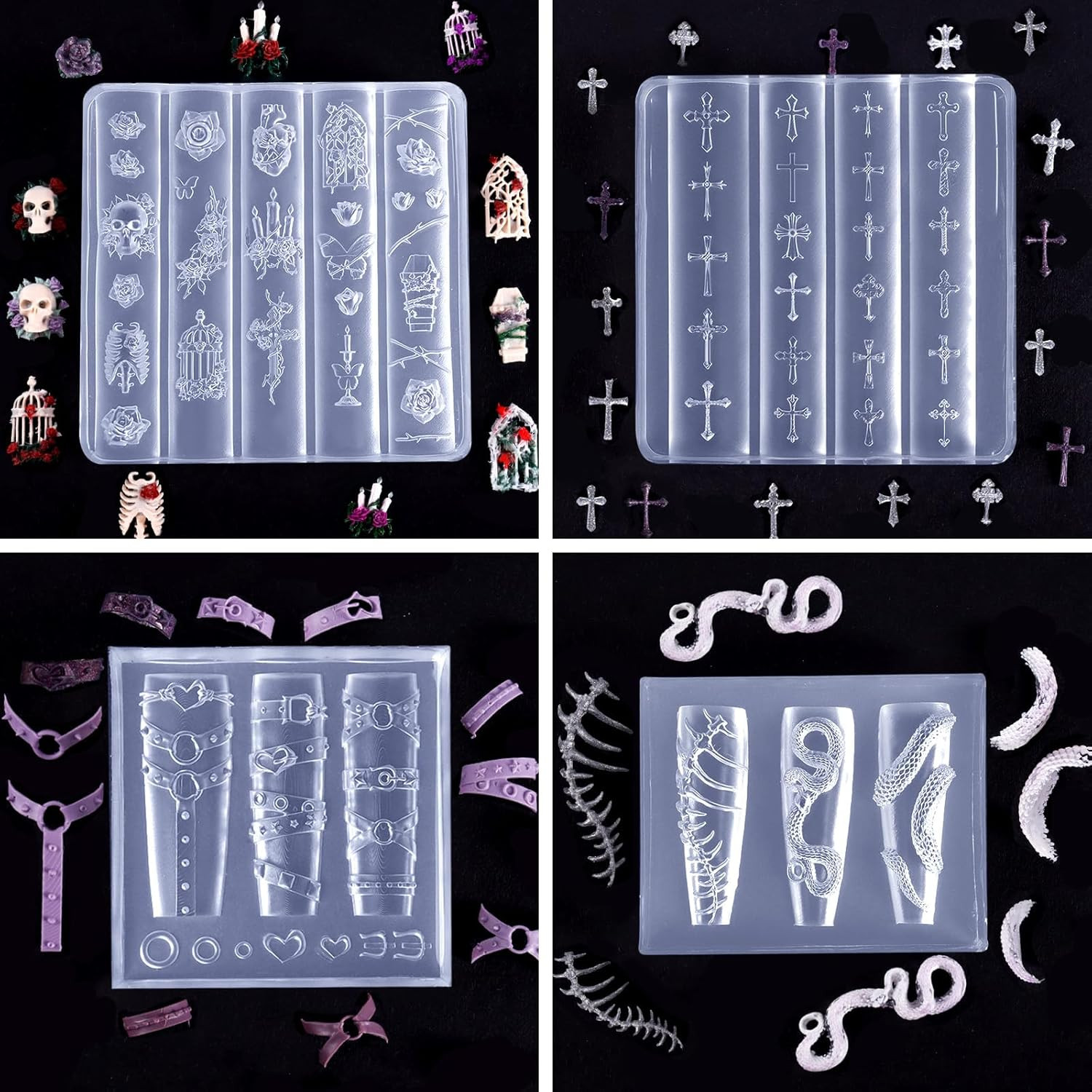 4Pcs Gothic Silicone Nail Art Molds, 3D Rose, Snake, Bones, Cross, Collar, Skull