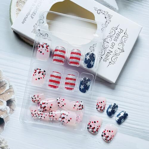 4th of July Press on Nails Short Square Independence 4th of July False Nails-24