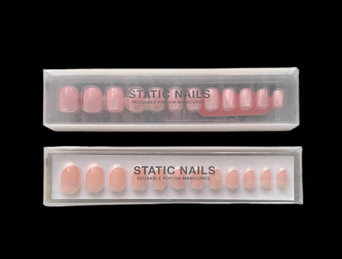 2 Sets of Static Nails in Curved Round French and Velvet Pink Square