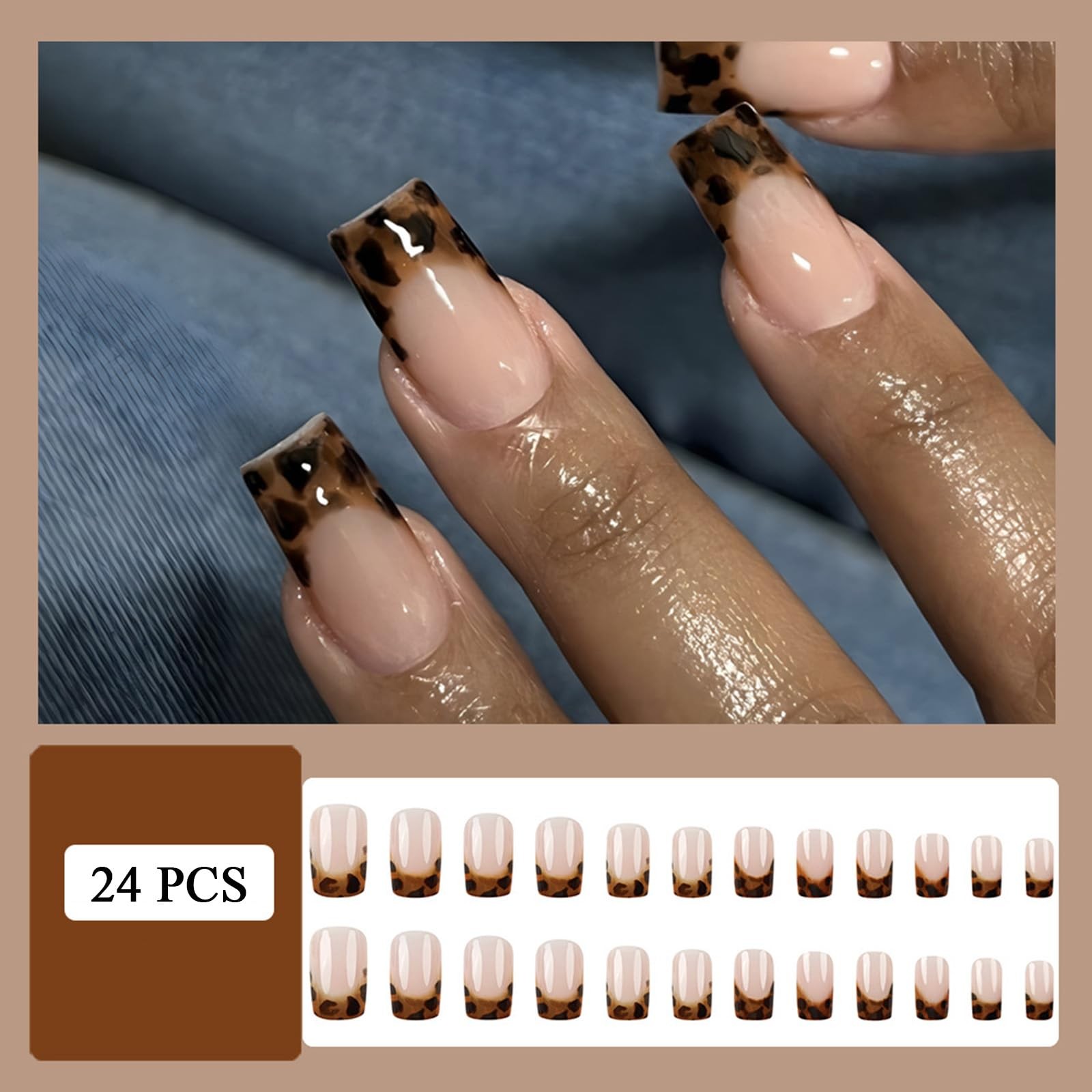 French Tip Press on Nails Medium Square Fake Nails with Leopard Print Designs…