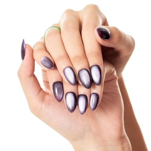 Dark Purple Magnet Cat Eyes Press on Nails Short Almond, Black Berkeley Dark