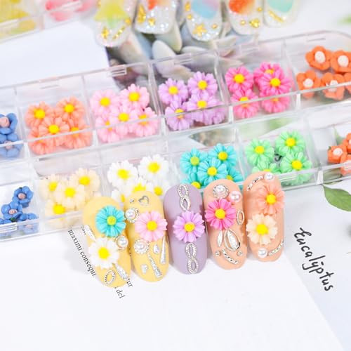 60Pcs Colorful Flowers Nail Charms 3D Daisy Nail Art Charms White Green Pink