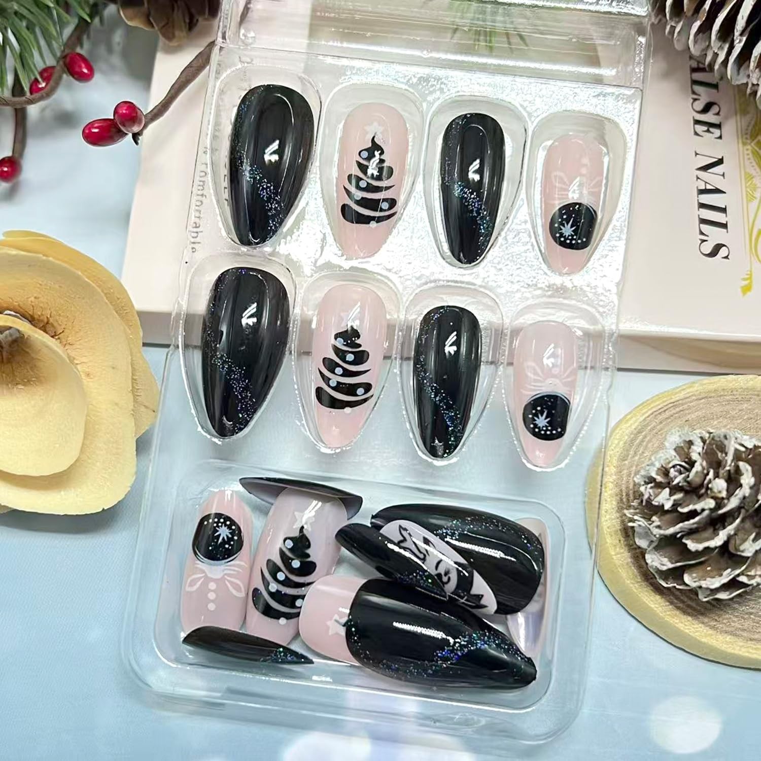 Winter Xmas Press on Nails Long Almond Fake Nail Glitter Blue Black…