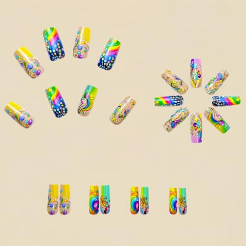 24 Pcs Square Press on Nails Medium Length Fake Nails Colorful Flower Style-A13