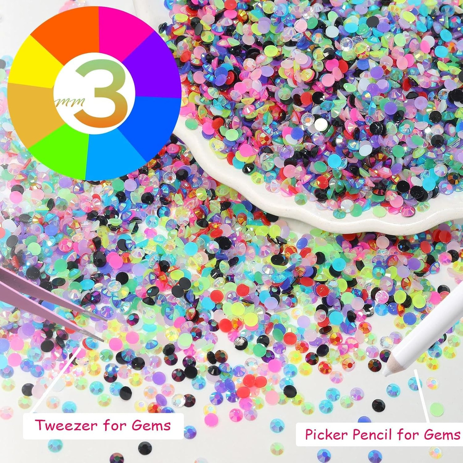 15000 Pcs Color Rhinestones for Bedazzling Kit 3mm Flatback Resin Gems for