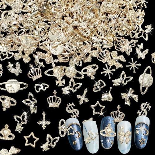 180 Pcs Gold Nail Charms and Gems, Bow Star Butterfly Cross Alloy Nail