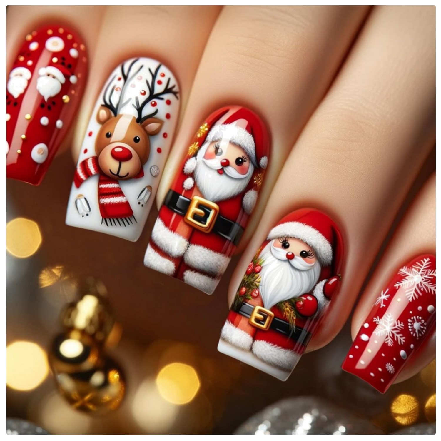 Festive Christmas Red Glossy Press-On Nails with Santa & Snowflake Designs