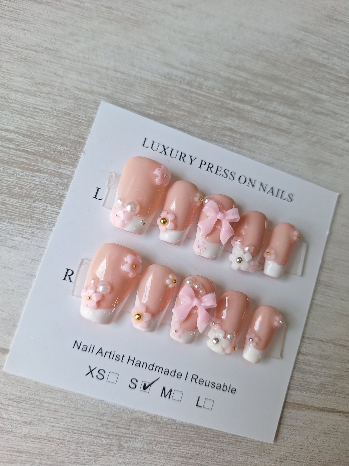 Nail Artist Handmade Press-On Nails Pink 3D Bow Flower Square S Reusable