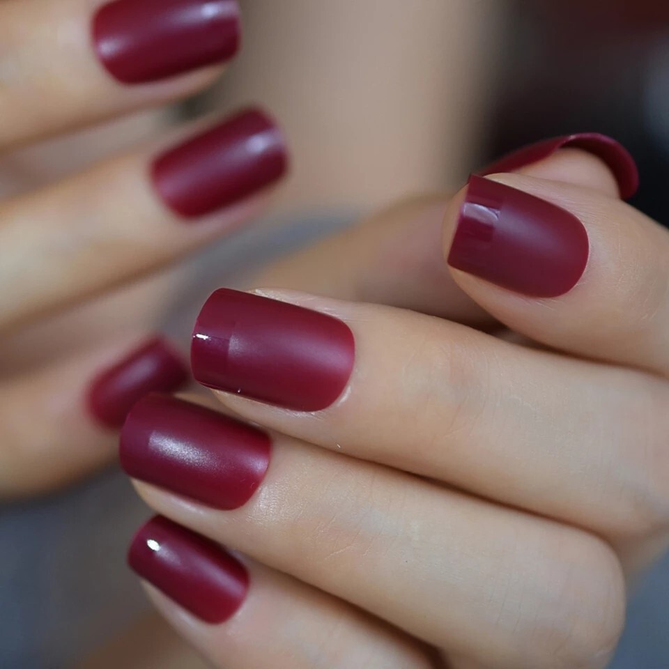 24 Short Burgundy Maroon Press On Nails kit glue on dark wine red purple berry