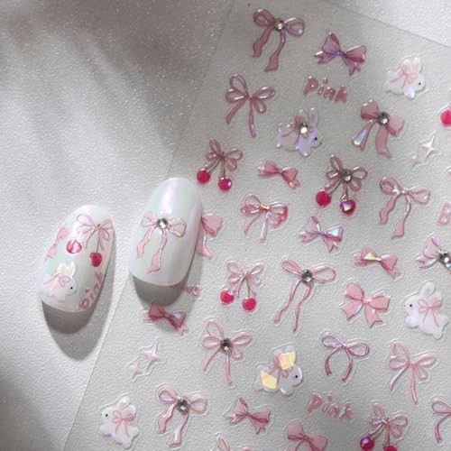 Bow Nail Art Stickers 3D Self-Adhesive Glitter Pink Bows Nail Glitter Bow Style