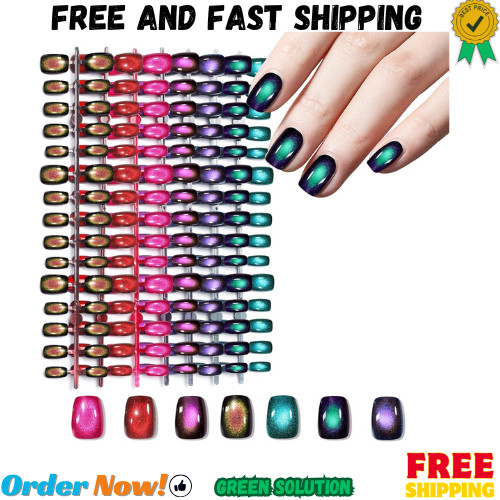 210Pcs Cat Eye Press on Nails for Women 7 Colors Glossy Glitter Black Hole Short