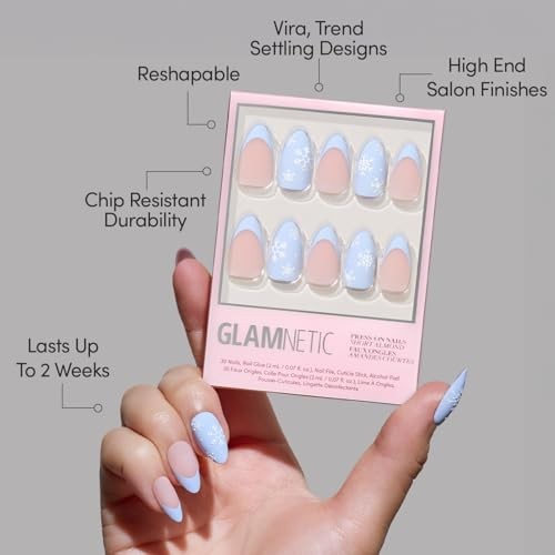 Snow Bunny Nails – Short Almond Fake Nails – Pale Blue with Decorative Trim