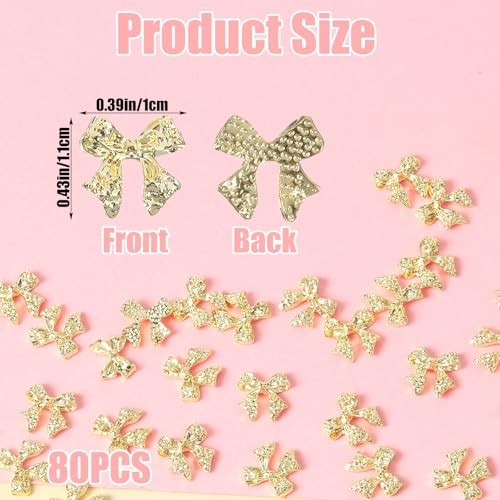 Mabor 80PCS Gold 3D Bow Nail Charms, Alloy Metal Bows for Nails, Shiny DIY