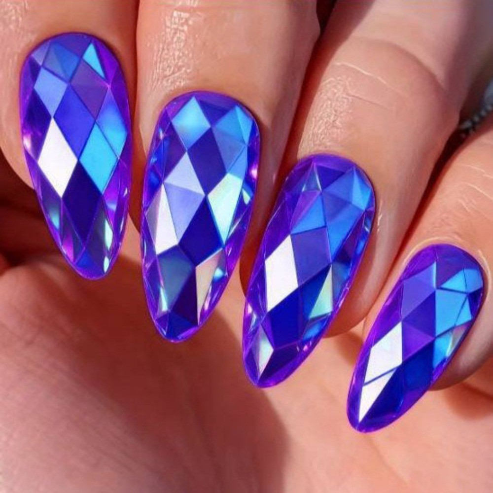 24pcs 3D Rhombus Press-On Nails, Electroplated Almond Fake Tips for Women