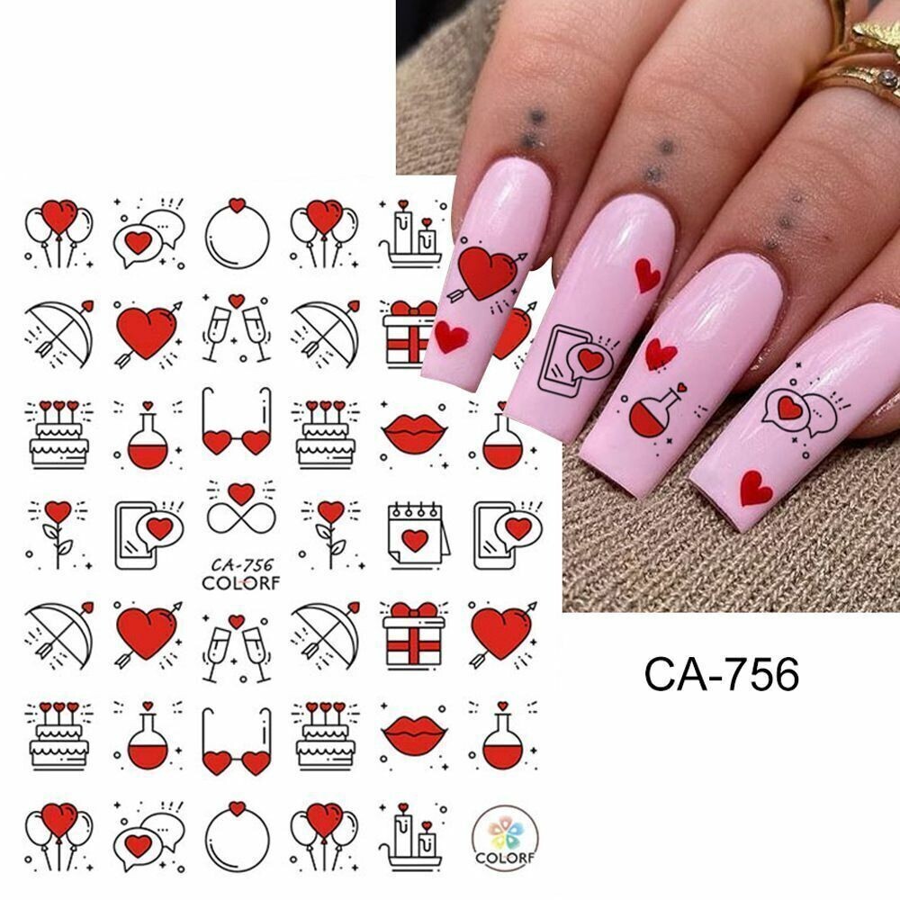 9Pcs Rose Heart Lover Valentine’s Day Nail Stickers Red Lips Abstract Face NH4