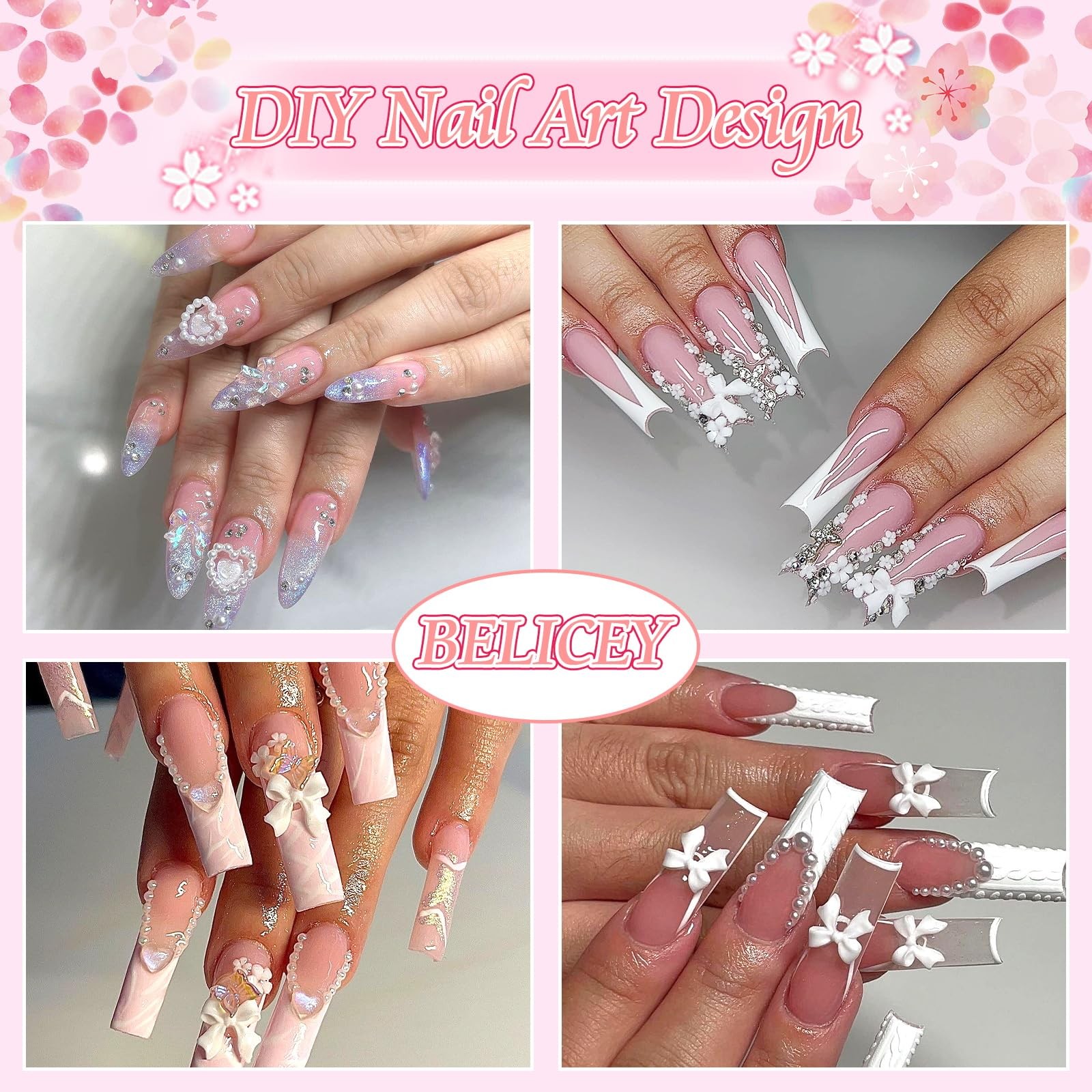 3D Nail Charms Set White Assorted Butterfly Flower Bear Charms for Nails Acry…