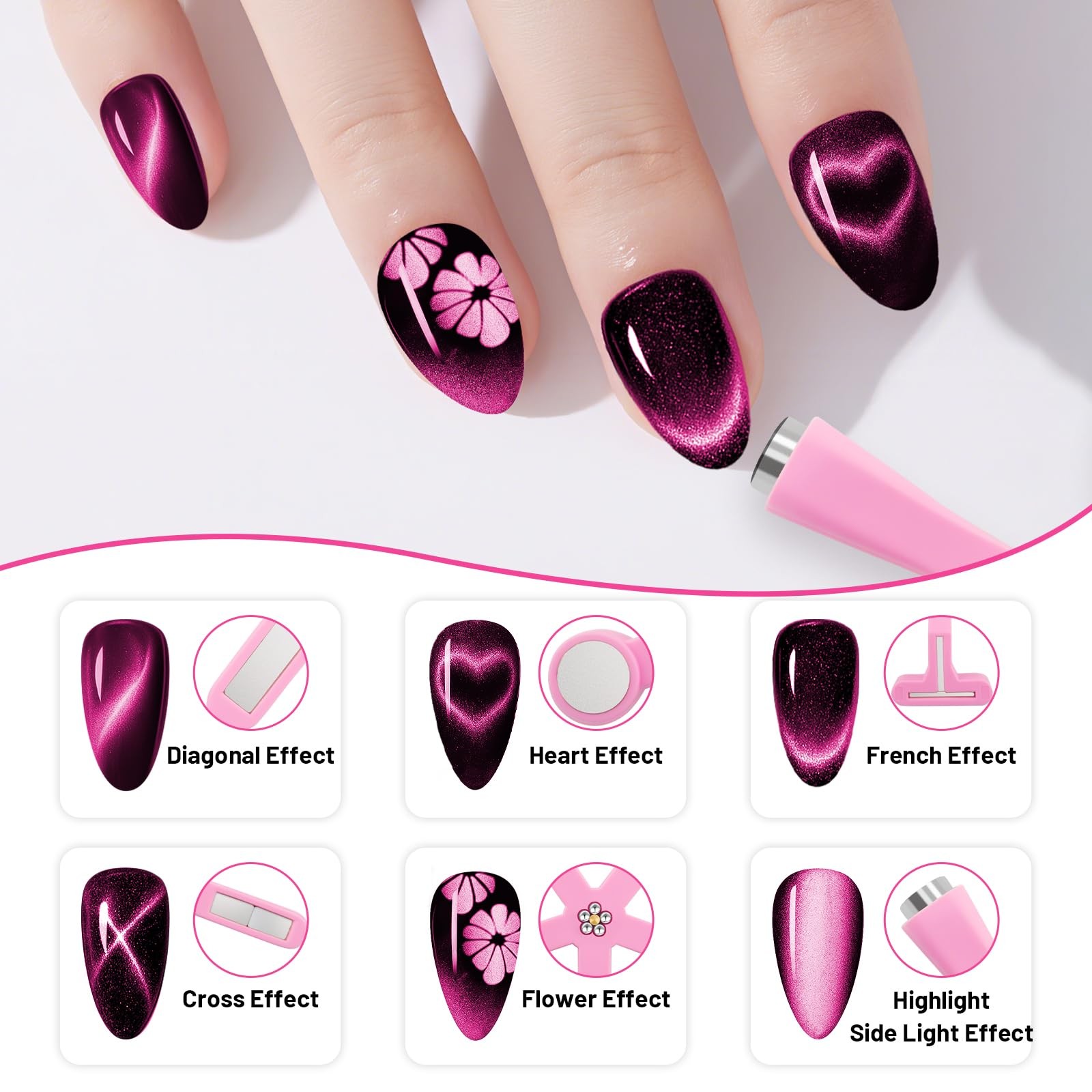 3PCS Nail Art Magnet Set Cat Eye Dual Head Heart Tool for Gel Manicure Design