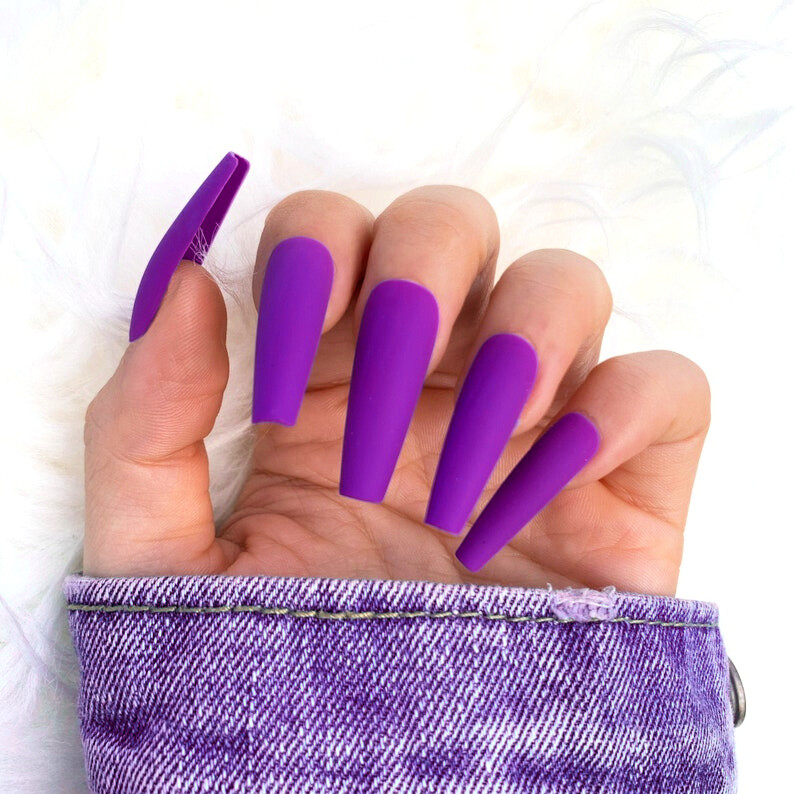 Neon Purple Press On Nails | Coffin Stiletto Nails Hand Painted Fake False Nails