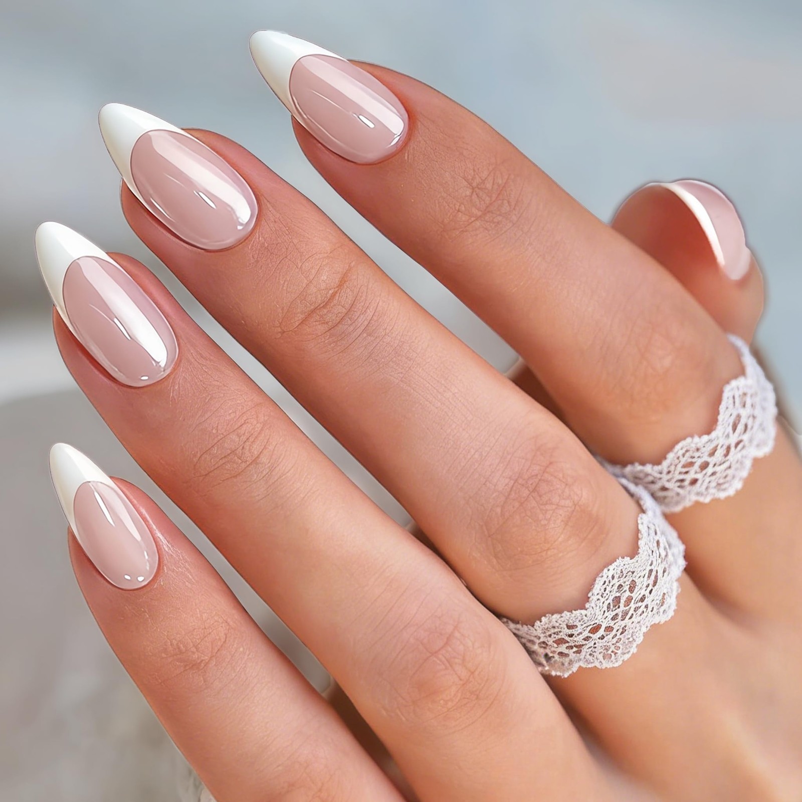Chrome White French Tip Press on Nails Almond, Glazed Fake Nails Medium with …