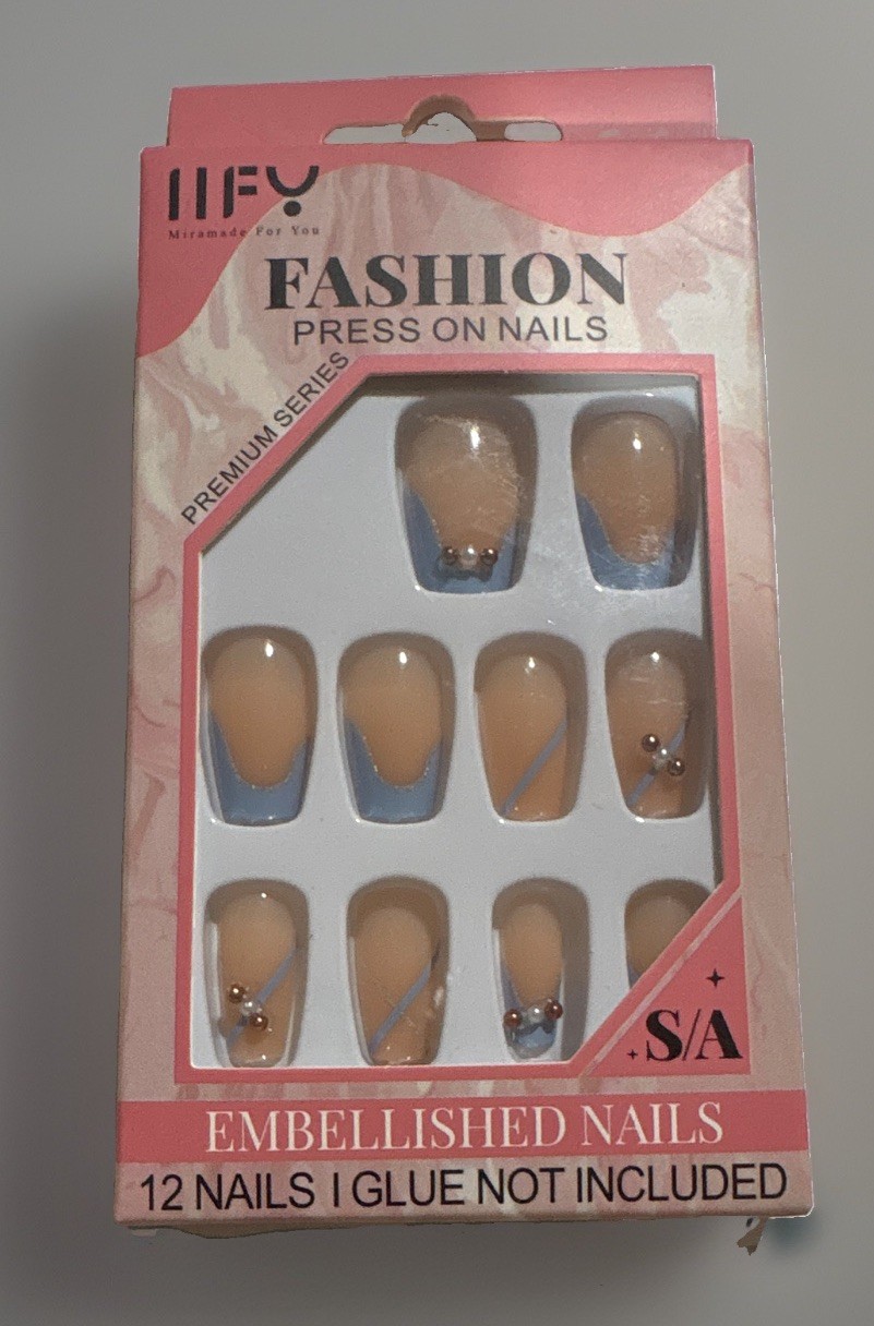 IIFU Press-On Nails Ombre Pink/Blue Pre-Designed Rhinestone Set 12 Nails No Glue
