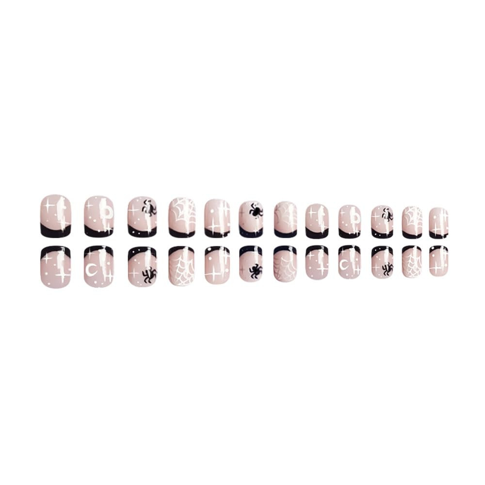 Halloween Press on Nails French Tip Acrylic Nails Press Ons Short Square Black N