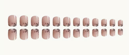 24 Pieces Press-On Nails – SHORT Square Glossy -Nude w/Leaves in Top Corner