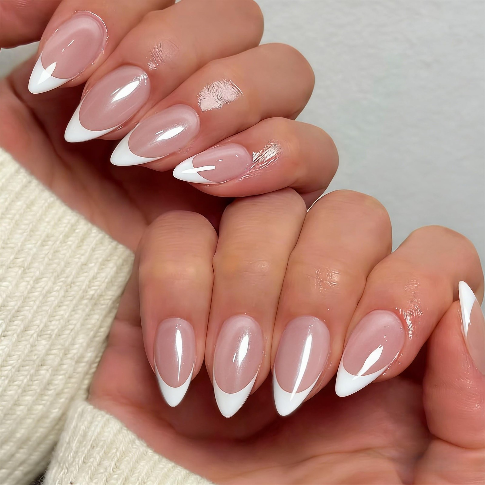 Chrome White French Tip Press on Nails Almond, Glazed Fake Nails Medium with …