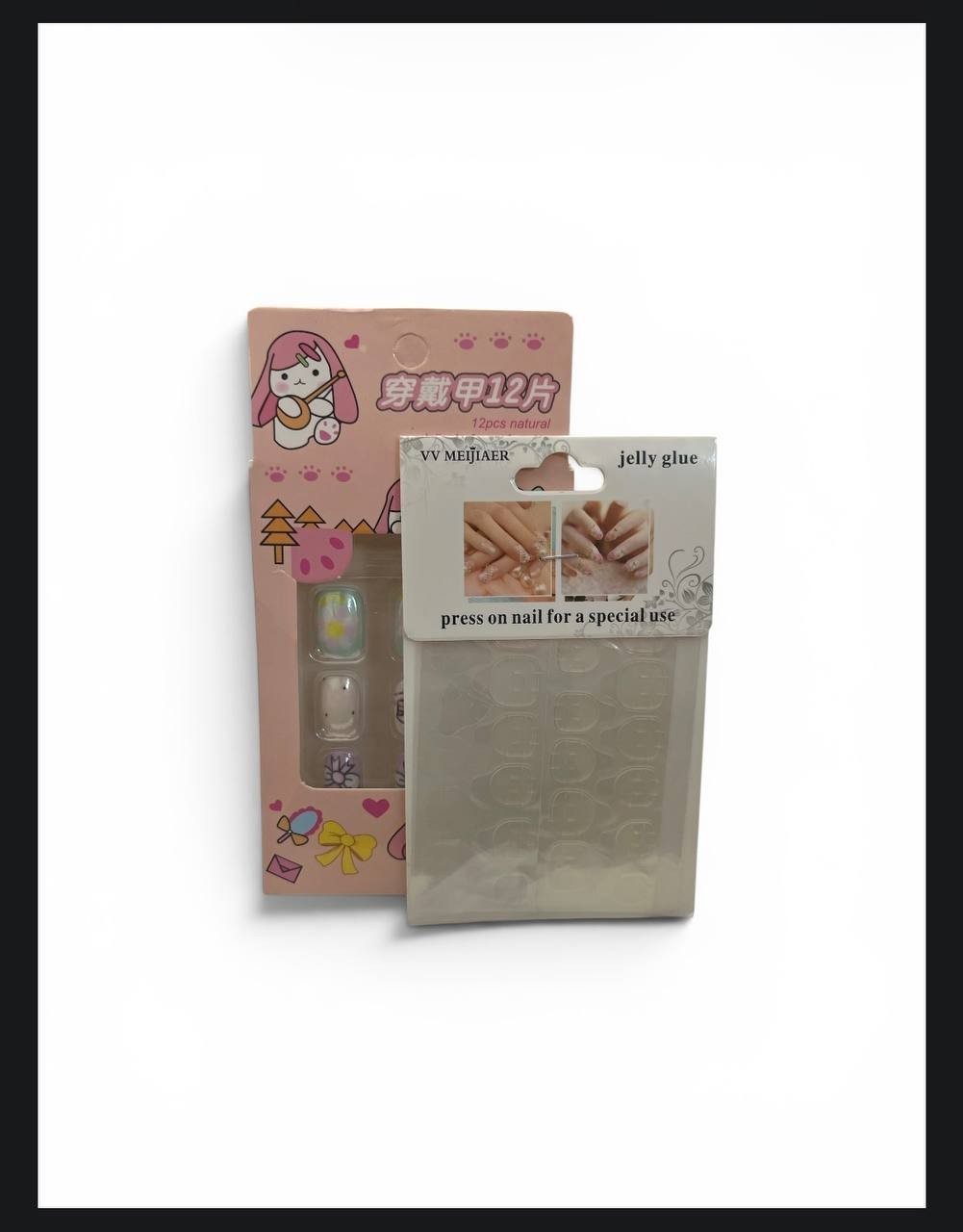 Kawaii Press-On Nail Set + Jelly Glue Tabs Bundle – 12pcs Cute Bunny Fake Nails