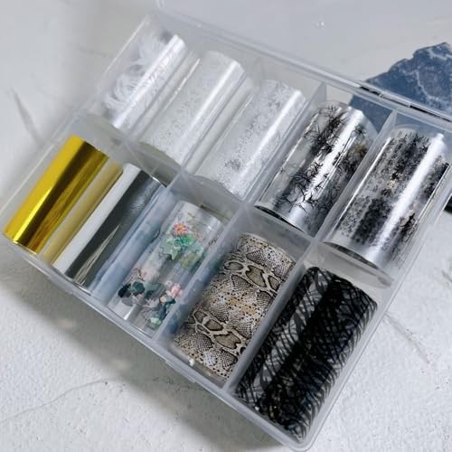 10 Rolls Nail Foil, Lace Flower Snake Print Metallic Foils for Nails Style 1